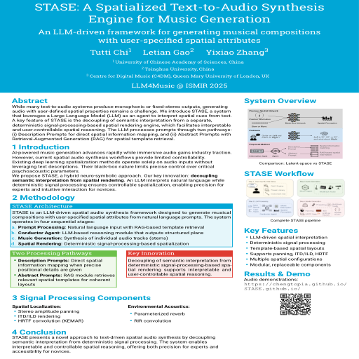 Poster thumbnail for STASE: A Spatialized Text-to-Audio Synthesis Engine for Music Generation